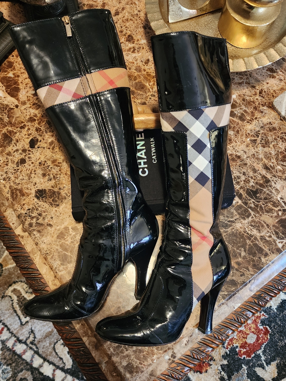 Women’s Black Patent Knee-High Boots with Plaid Accent